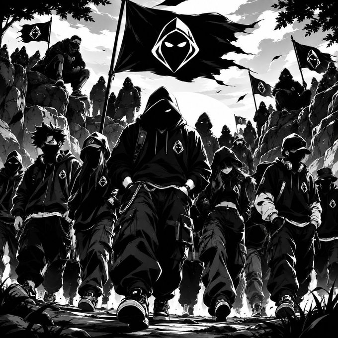 A group of hooded figures in black march together under a flag bearing a hooded emblem, symbolizing unity and collective strength. The imagery reinforces the post's message of "HOOD CLUBS," representing camaraderie and teamwork as members advance together toward shared goals and leaderboard rankings.