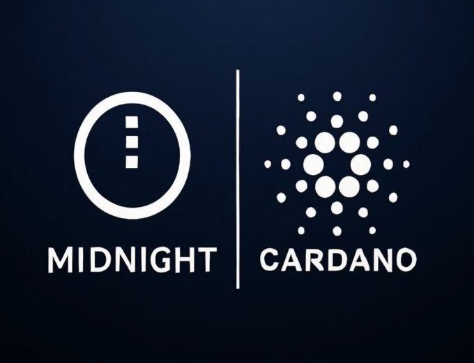 A logo graphic with a dark blue background displays two white icons: a circle with vertical bars labeled 'MIDNIGHT' and a cluster of dots labeled 'CARDANO', separated by a vertical line.