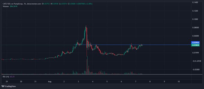 A candlestick chart of CAT/USDT on PancakeSwap showing price action between approximately $0.000583 (high) and $0.000750 (current), with a horizontal blue resistance line around $0.000750 that the author believes must be broken and held for $CATE to return to its all-time highs.