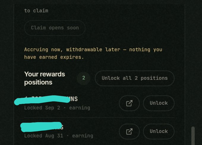 A dark-themed interface showing 'Your rewards positions' with 2 locked positions from 'Sep 2' and 'Aug 31', featuring 'Unlock' buttons and a message stating 'Accruing now, withdrawable later — nothing you have earned expires.'
