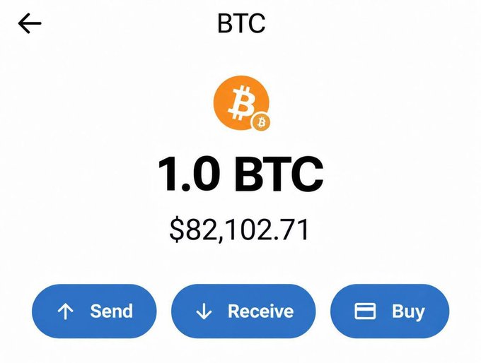 A Bitcoin wallet screen shows 1.0 BTC valued at $82,102.71, with “Send,” “Receive,” and “Buy” options. The accompanying post announces that $82,000 BTC was reached and promises a $20,000 BTC giveaway to 15 people who like, retweet, and comment “BTC.”