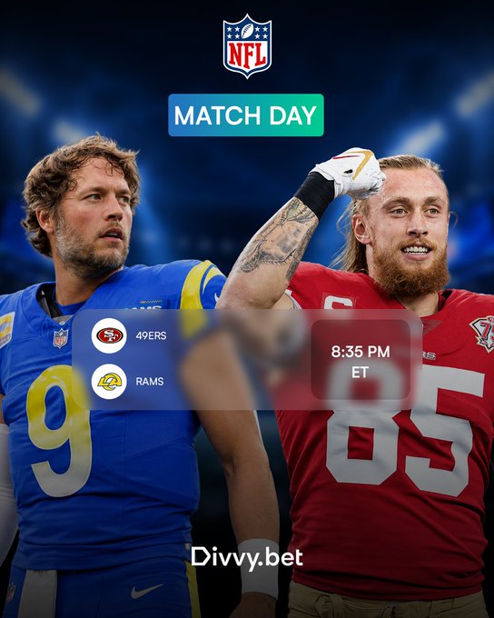 An NFL promotional graphic features players from the 49ers and Rams with "MATCH DAY" text, listing "49ERS" and "RAMS" with an "8:35 PM ET" start time, branded with "Divvy.bet" at the bottom.