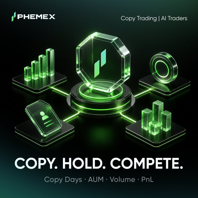 A dark green promotional graphic for Phemex's Copy Trading and AI Traders campaign, featuring a glowing octagonal token centerpiece connected by light beams to bar charts, a circular ring, a profile card, and stacked cube icons—visually representing the Copy Days, AUM, Volume, and PnL tasks mentioned in the post. Bold text at the bottom reads "COPY. HOLD. COMPETE." alongside the Phemex logo and "Copy Trading | AI Traders" tagline.