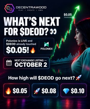 The image is a promotional graphic for the $DEOD token, featuring the text "WHAT'S NEXT FOR $DEOD?" and announcing that Poloniex is now live with $DEOD touching $0.05, while highlighting an upcoming "NEXT EXCHANGE LISTING — OCTOBER 2." The graphic shows predicted price targets of $0.05, $0.08, and $0.10 alongside rocket and diamond icons, which aligns with the post's bullish call on $DEOD as it retraces to a "demand zone" around $0.020 with projected sell targets of $0.035–$0.040.
