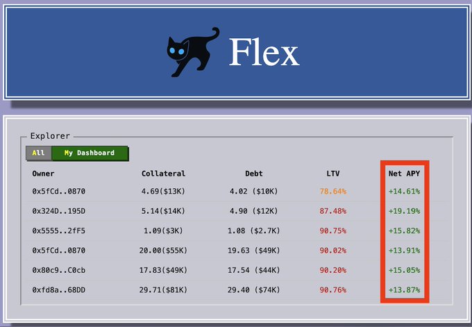 A screenshot of the 'Flex' platform interface showing an Explorer dashboard with columns for Owner, Collateral, Debt, LTV, and Net APY, with the Net APY column highlighted in red showing yields around +13% to +19%.