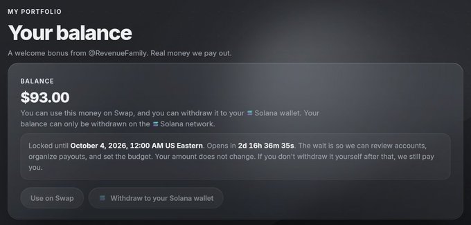A portfolio balance screenshot shows $93.00 from @RevenueFamily, locked until October 4, 2026, with options to use on Solana Swap or withdraw.
