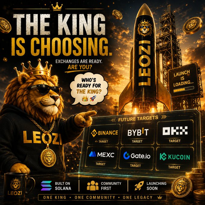 A promotional graphic for the 'LEOZI' cryptocurrency token featuring a crowned lion wearing sunglasses and a gold chain, with text 'THE KING IS CHOOSING. EXCHANGES ARE READY. ARE YOU?' and target listings for Binance, Bybit, OKX, MEXC, Gate.io, and KuCoin, noting it is built on Solana.