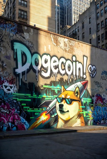 A street art mural painted on a city wall features the Shiba Inu dog from the Dogecoin meme riding a rocket, accompanied by the dripping text 'Dogecoin!' and various graffiti tags.