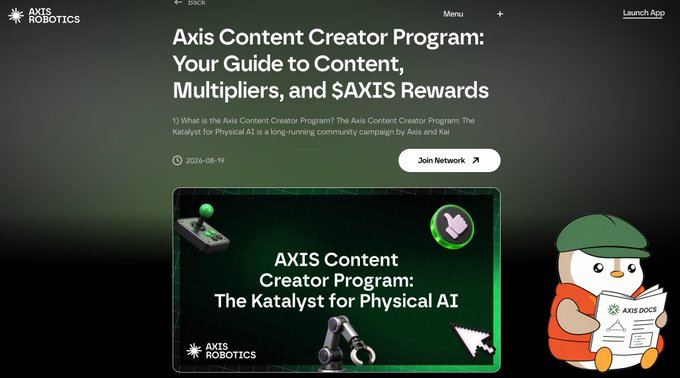 Webpage for "Axis Content Creator Program: Your Guide to Content, Multipliers, and $AXIS Rewards" with an illustration of a penguin character reading "AXIS DOCS".