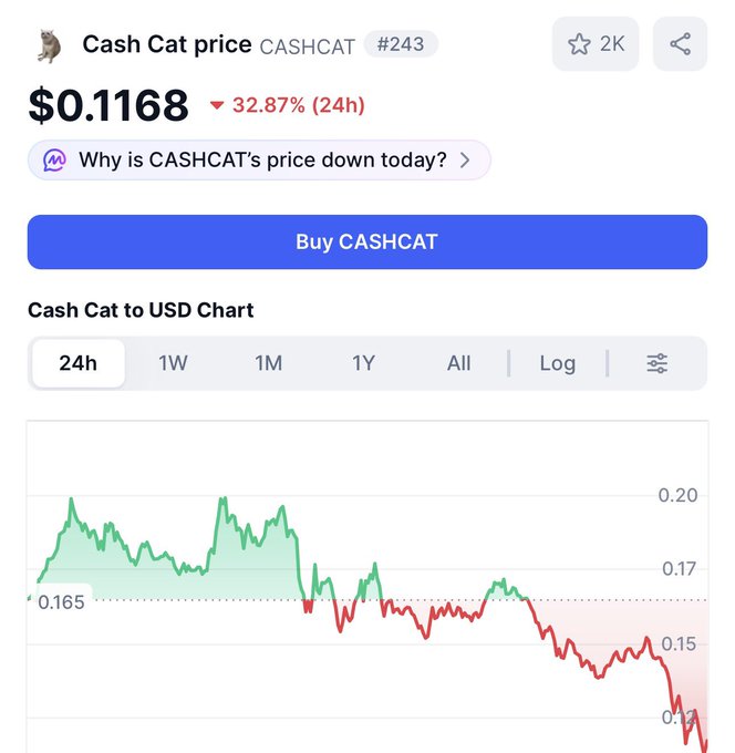 A cryptocurrency price page for 'Cash Cat' (CASHCAT) showing a price of $0.1168, down 32.87% (24h), with a 24-hour price chart trending downward and a 'Buy CASHCAT' button.