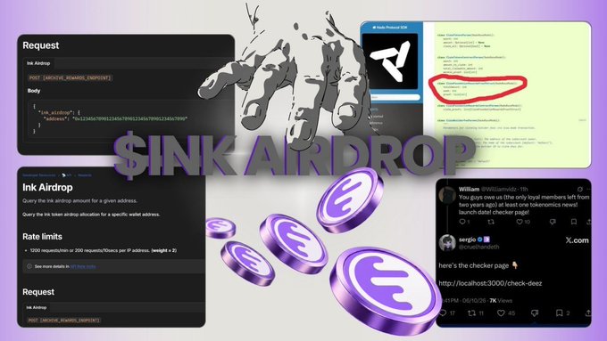 A graphic promoting an 'INK AIRDROP' featuring API request examples, a tweet from William, and illustrations of purple coins with the Ink logo.