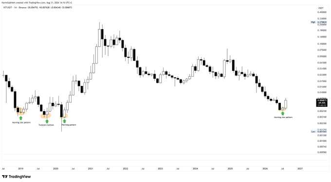 A TradingView chart for VETUSDT on Binance showing price movements from July 2019 to July 2026, with several 'morning star pattern' annotations marked in orange and green near the bottom.