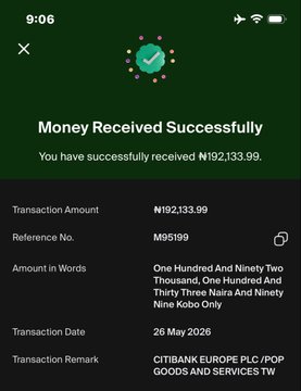 The image shows a green screen with text that reads "MONEY RECEIVED SUCCESSFULLY". The screen also displays a transaction amount of N19,130,939 and a reference number M959199. The text in the image seems unrelated to the main content of the post, which is about receiving money via an e-transfer from Nigerians.