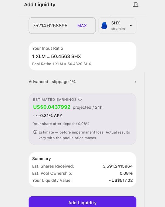 A cryptocurrency liquidity pool interface showing an 'Add Liquidity' screen for SHX token, displaying an input of 75214.6258895 XLM with estimated earnings of US$0.0437992 and 0.31% APY.