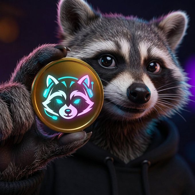A digital rendering of a raccoon wearing a black hoodie holds up a glowing gold coin featuring a neon raccoon face, symbolizing the "Trash Panda Intel" presale. The mascot imagery ties into the post's request for SOL wallets, using the raccoon as a playful "trash panda" branding for their token project.