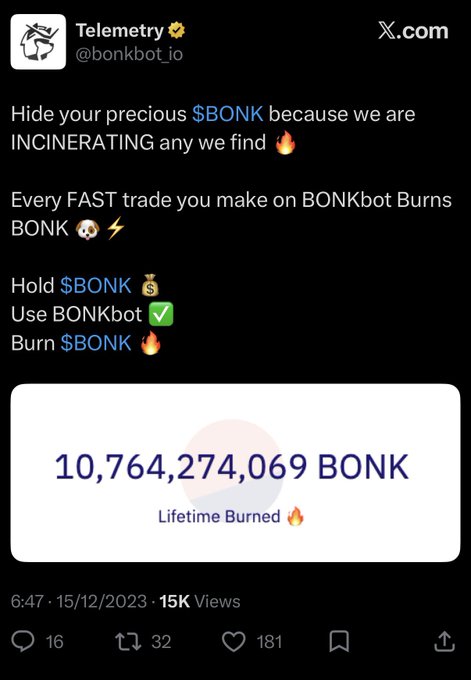 The image displays a BONkbot post highlighting a lifetime burn total of 10,764,274,069 BONK, illustrating the platform's token-burning strategy that tied $BONK usage to value destruction. This directly supports the context about BonkBot's key mechanic—burning massive amounts of BONK through trading activity, which drove adoption and became a major driver of the token's distribution.