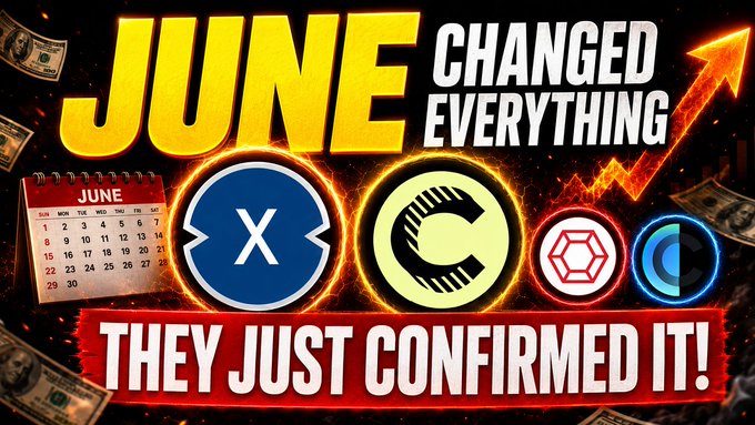 A YouTube thumbnail featuring bold yellow and white text reading "JUNE CHANGED EVERYTHING" and "THEY JUST CONFIRMED IT!" alongside a calendar, a fiery upward arrow, and logos for XDC, Canton Network (CC), and CPOOL, visually promoting a video about significant June updates and developments for those crypto projects.