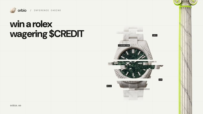 An advertisement for an "Inference Casino" promotion reading "WIN A ROLEX WAGERING $CREDIT," featuring a white ceramic Rolex watch with a green dial and credit counter graphics—the imagery ties to a token dev accused of bearish luxury watch interest, now playfully leveraged via a Rolex giveaway promo on the orbio.so platform.
