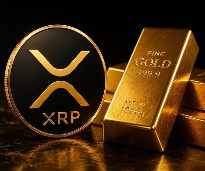 A black and gold XRP cryptocurrency coin displayed next to gold bars marked 'FINE GOLD 999.9' and 'NET WT 1000g'.