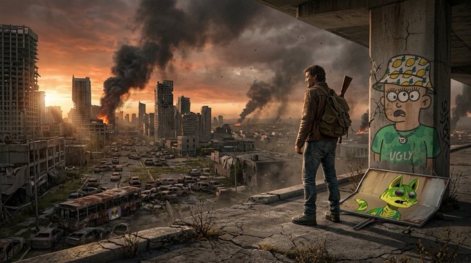 A post-apocalyptic digital artwork depicting a man with a backpack and rifle overlooking a destroyed cityscape with smoke plumes, accompanied by a cartoon graffiti character labeled 'UGLY' wearing a pizza hat.