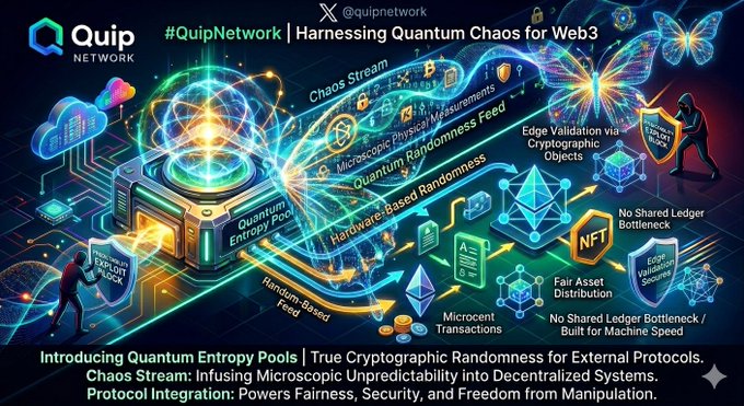 A poster that shows a complex diagram of a network of interconnected structures using blue, green, red, yellow, black, white, and grey colors with text elements like 'QUIP!', '#quipneural', 'X!', '#quips', and 'CHANCE CROSSING'. There is an explanation about the use of Quantum Entropy to create hash tables, which can help in building a secure cryptocurrency system. The image also has some icons that represent a pool of entropic entropy, a chain reaction, and a networked architecture diagram showing how a quipneural data transfer works in a quantum environment.