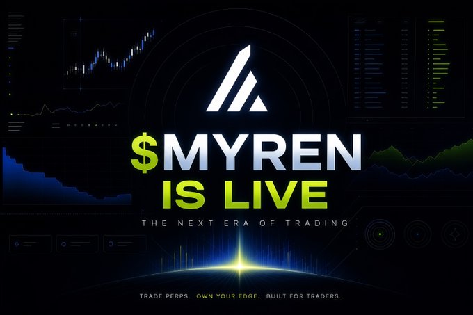 A promotional graphic for '$MYREN IS LIVE' with the tagline 'THE NEXT ERA OF TRADING' and 'TRADE PERPS. OWN YOUR EDGE. BUILT FOR TRADERS,' set against a dark background with trading charts.