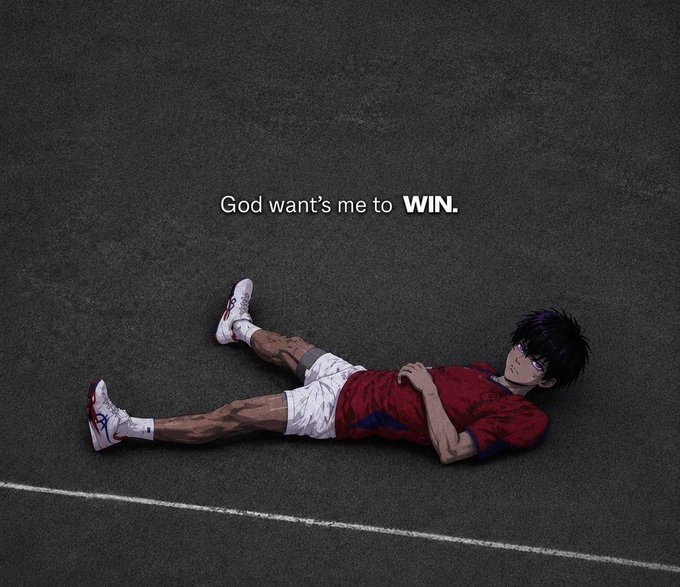 An anime-style illustration shows a character in a red sports uniform lying on the ground with the text 'God want's me to WIN.' displayed above.