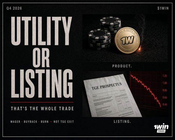 The image is a Q4 2026 promotional graphic for "$1WIN" token titled "UTILITY OR LISTING — THAT'S THE WHOLE TRADE," featuring two contrasting panels: a "PRODUCT" side showing a golden 1win chip amid poker tokens with smoke, and a "LISTING" side displaying a "TGE PROSPECTUS" document beside a sharply declining red price chart (1.20 down to 0.40), with the tagline "WAGER • BUYBACK • BURN — NOT TGE EXIT." The imagery directly visualizes the post's core thesis, framing the upcoming decision point as a binary between real product integration in the 1win casino versus a token generation event exit.