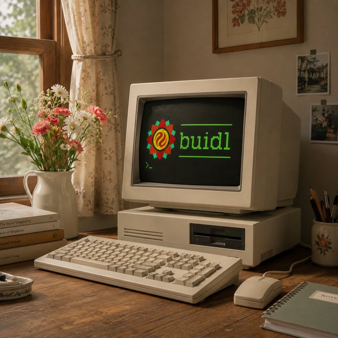 A nostalgic setup featuring a vintage computer monitor displaying the word "build" in green text alongside a colorful pixel art logo, accompanied by an old keyboard, mouse, vase of flowers, and books on a wooden desk.