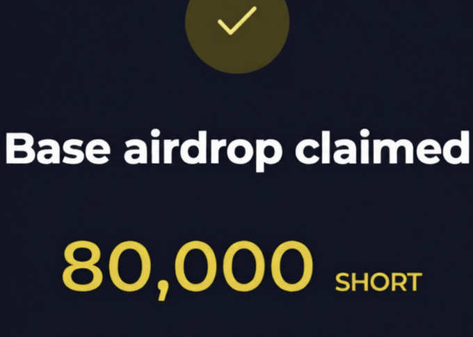 A dark screen displaying 'Base airdrop claimed' with a checkmark and showing '80,000 SHORT' in yellow text.