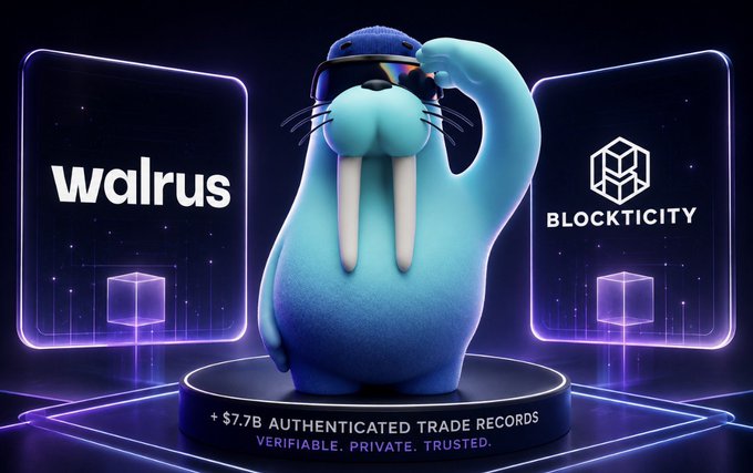 A blue cartoon walrus wearing sunglasses and a cap stands on a platform between the "walrus" and "BLOCKTICITY" logos, with text below reading "+$7.7B AUTHENTICATED TRADE RECORDS — VERIFIABLE. PRIVATE. TRUSTED," visually celebrating the partnership that brought over $7.7 billion in trade records to the Walrus platform.
