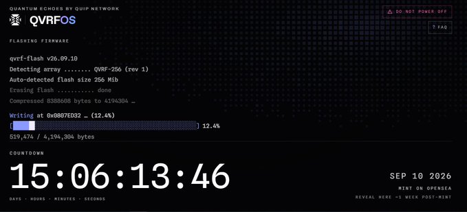 A QVRFOS firmware flashing interface from Quip Network showing the 'qvrf-flash v26.09.10' process detecting 'QVRF-256 (rev 1)' and a countdown of '15:06:13:46' to a 'SEP 10 2026' mint on OpenSea.