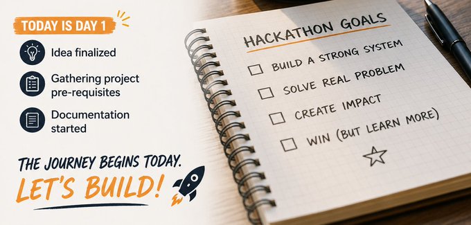 The image shows a notebook with a pen on top of it, suggesting that someone has been working on their hackathon goals for the day. The text "Today is Day 1" indicates that the event is taking place today. The main focus of the image is the notebook and its contents, which are related to the post about the hackathon goals.