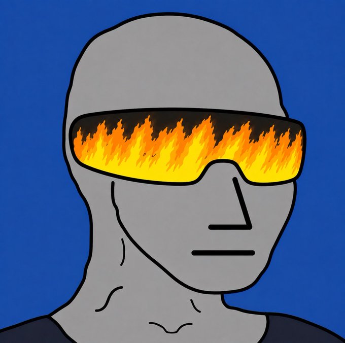 A stylized illustration of a gray humanoid figure wearing wraparound sunglasses reflecting orange and yellow flames, set against a blue background. The image visually emphasizes the poster's confident, fiery prediction of $NPC's explosive price surge, with the "fire in the eyes" symbolizing intense conviction about the token's imminent massive rally.