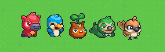 A pixel art sprite sheet displaying five small bird/creature characters in a row on a green background: a red devil-bird, a blue bird, a brown onion-like creature with a leaf, a green bird, and an orange/brown bird.