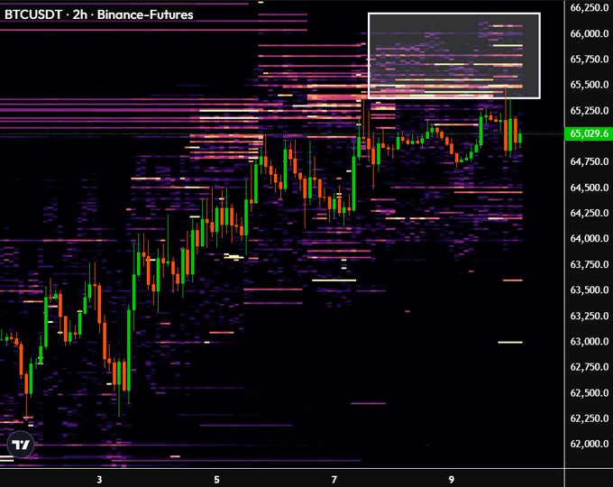 A BTCUSDT 2-hour Binance Futures candlestick chart showing Bitcoin's price action around $65,029.6, with a visible heatmap/footprint of dense sell-side liquidity clustered between approximately $65,500–$66,000 (highlighted in the upper-right box), illustrating the heavy resistance of sell orders blocking a breakout.