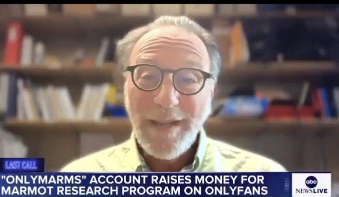 An ABC News Live "Last Call" segment features a bespectacled, gray-haired man speaking in front of a bookshelf, with the chyron reading "'ONLYMARMS' ACCOUNT RAISES MONEY FOR MARMOT RESEARCH PROGRAM ON ONLYFANS," tying the viral scientist-led fundraising story to the memecoin narrative highlighted in the post.
