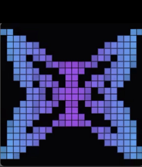 A pixel art design featuring a symmetrical 'X' shape in blue and purple tones on a black background.