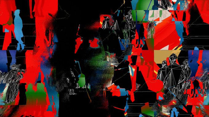 An abstract digital artwork featuring chaotic splashes of vibrant red, black, blue, and green colors mixed with geometric web-like lines and human silhouettes.