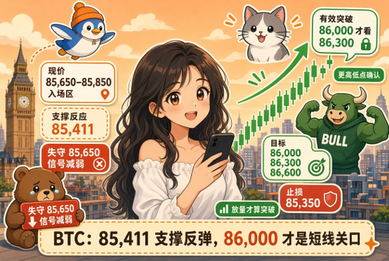An illustrated Bitcoin (BTC) market analysis graphic in Chinese showing a price of 85,411 with support levels at 85,650 and resistance target at 86,000–86,300, featuring cartoon mascots including a bear, penguin, cat, and bull.