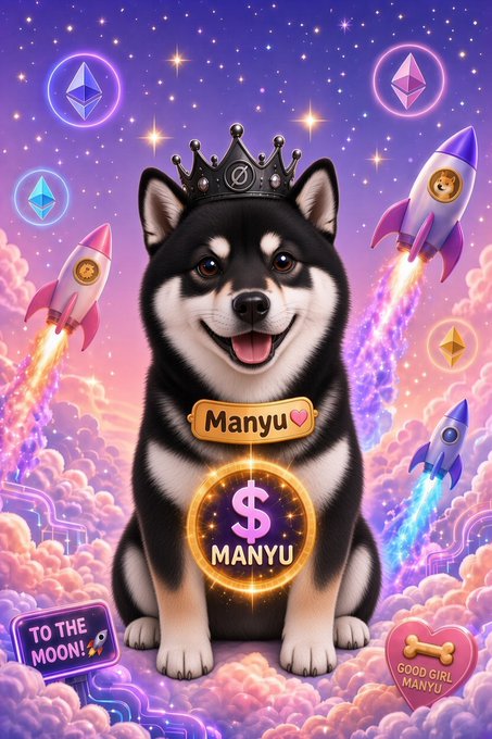 AI-generated fantasy artwork featuring a black and white Shiba Inu dog wearing a crown, with 'Manyyu' tag and dollar sign, surrounded by rockets, Ethereum logos, and 'TO THE MOON!' text.