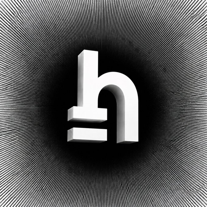 A stylized white lowercase 'h' logo with rays emanating outward against a dark gray background.