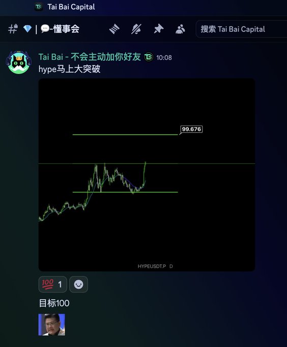 A Discord message from 'Tai Bai' in the 'Tai Bai Capital' channel showing a hype USDT.P price chart with a target of 99.676 and a goal labeled '目标100'.