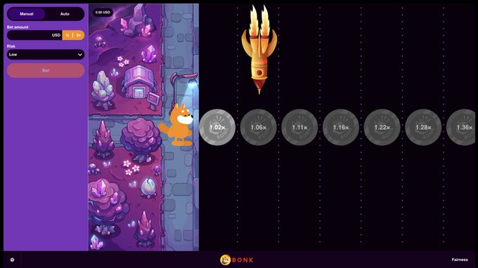Crypto betting interface on the Bonk platform showing a 1.02x–1.36x crash-style game with a flaming torch icon and a Doge-style doge coin character alongside a fantasy mining scene.