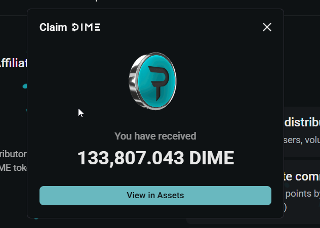 A "Claim DIME" pop-up window displays a Paradex token (the teal "P" coin logo) showing the user has received **133,807.043 DIME**, with a "View in Assets" button—illustrating the TAP program's second airdrop distribution as mentioned in the post.