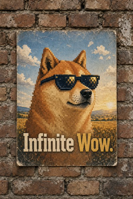 A vintage-style poster mounted on a brick wall featuring a pixelated Shiba Inu dog wearing 'deal with it' sunglasses with the text 'Infinite Wow.' below.