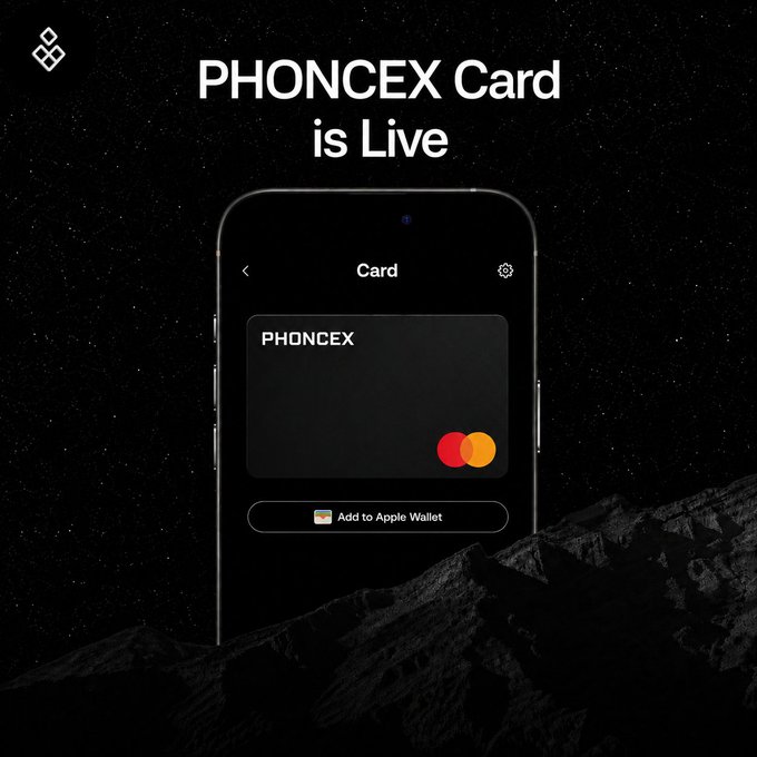 A promotional graphic announcing 'PHONCEX Card is Live' showing a digital card displayed on a smartphone with an 'Add to Apple Wallet' button.