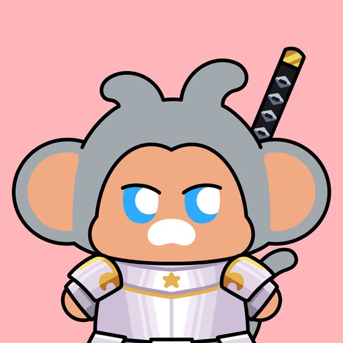 Cartoon illustration of an anthropomorphic gray mouse character wearing white armor with gold accents and carrying a sword on its back, against a pink background.