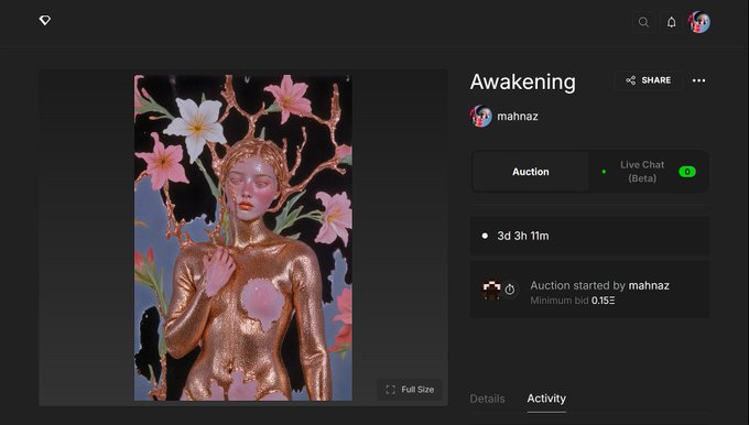 An NFT auction page titled 'Awakening' by user 'mahnaz' displays a digital artwork of a figure with floral elements, showing 3d 3h 11m remaining and a minimum bid of 0.15 ETH.