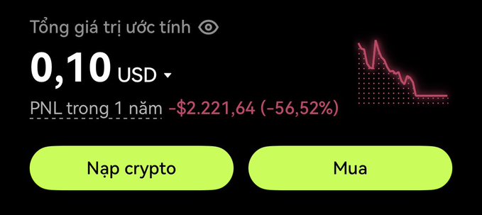 A cryptocurrency portfolio screen showing an estimated total value of '0,10 USD' with a 1-year PNL of '-$2.221,64 (-56,52%)' in Vietnamese, alongside 'Nạp crypto' (Deposit crypto) and 'Mua' (Buy) buttons and a red declining price chart.